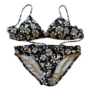 NWOT Helen Jon x Draper James 2-Piece Bikini Set Black Blue White Floral Medium